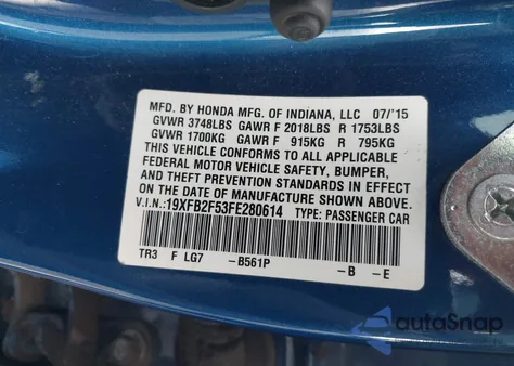 2015 Honda Civic Lx из США, поврежденный, VIN 19XFB2F53FE280614